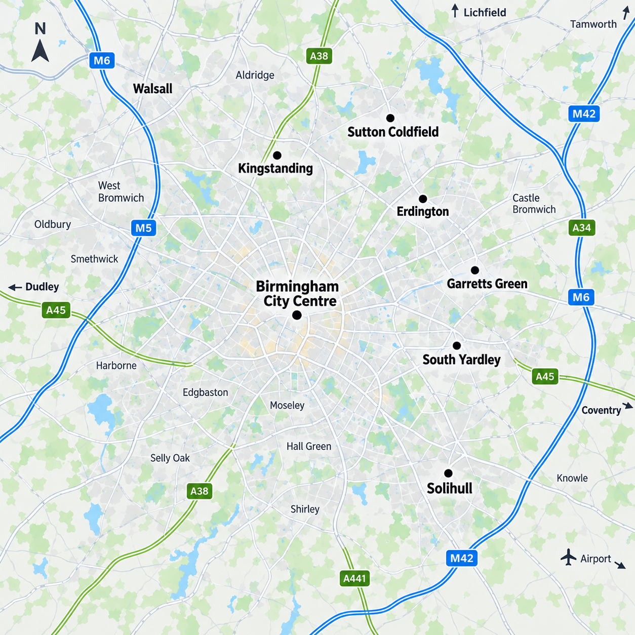 Map showing the Birmingham areas covered by Learn with Lisa, including Kingstanding, Sutton Coldfield, Erdington, Garretts Green, South Yardley and Solihull