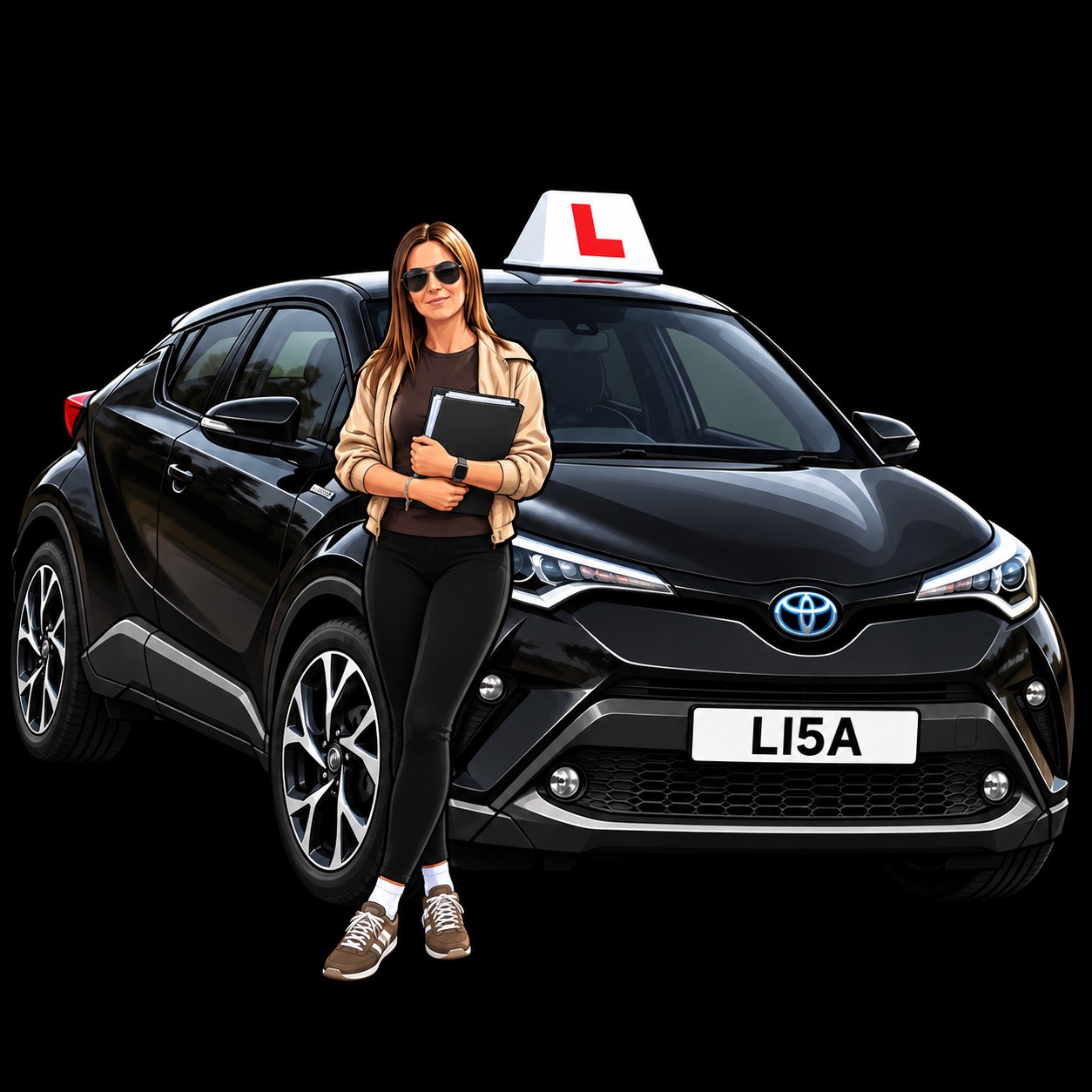 Lisa, driving instructor, standing in front of her automatic driving school car