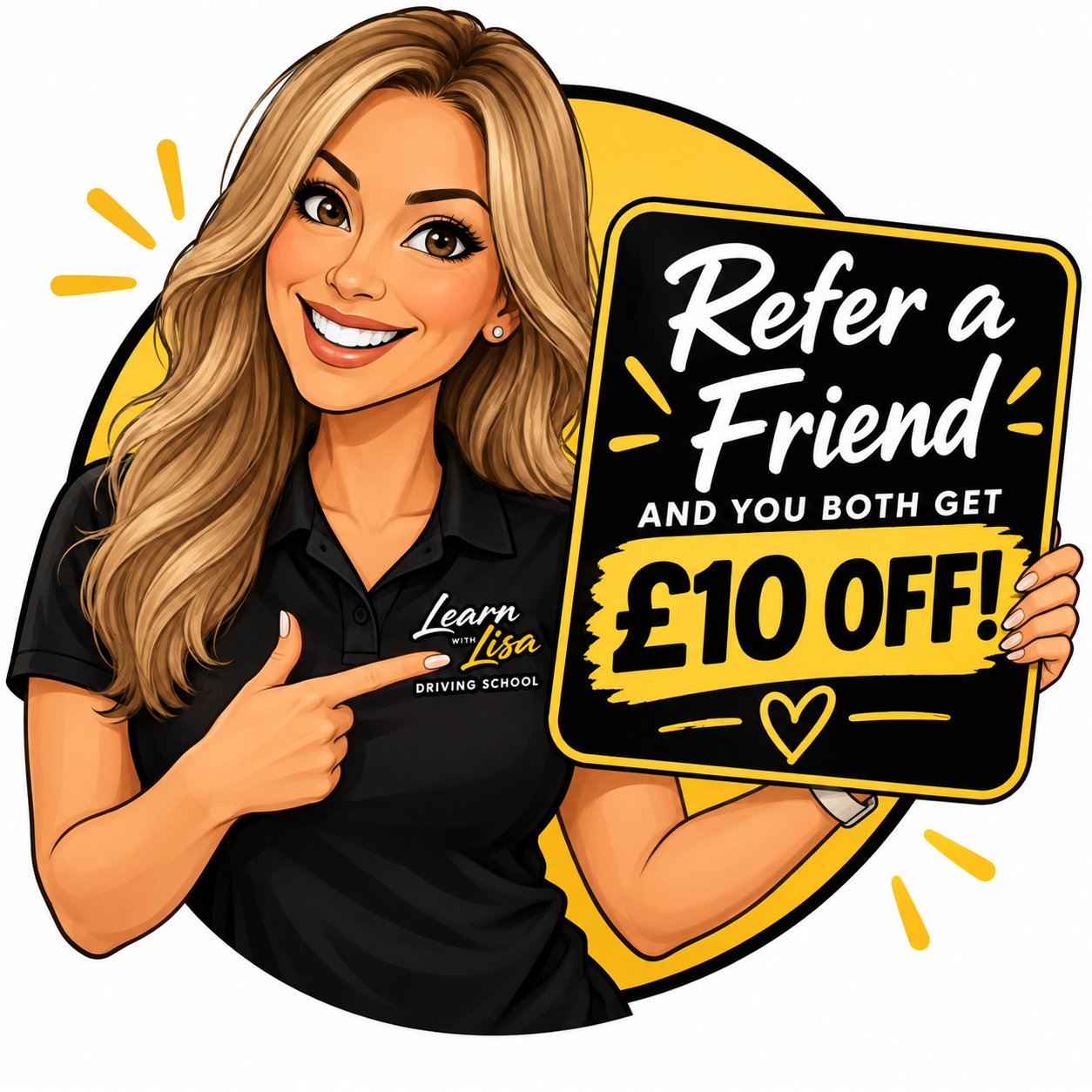 Lisa holding a sign that reads: Refer a friend and you both get £10 off